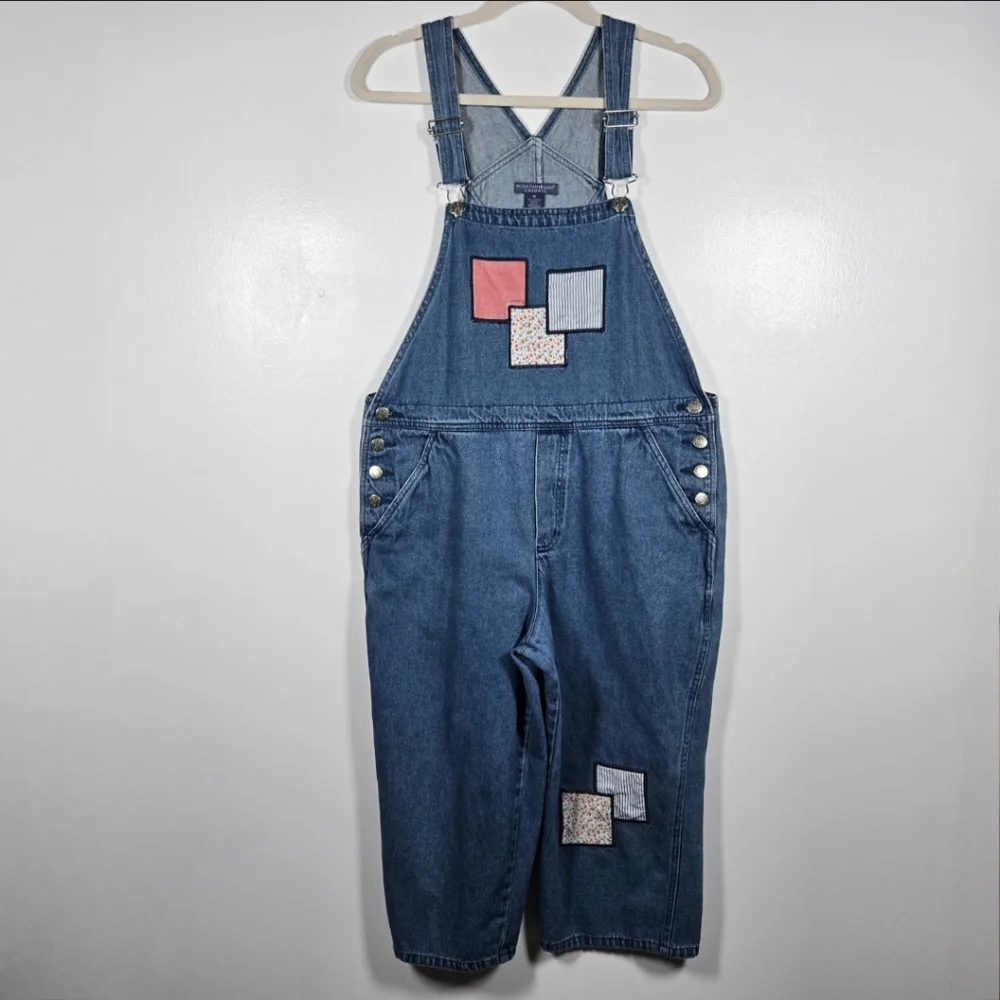 Vintage 90s Mountain Lake Casuals Patchwork Cropped Blue Jean Overalls Medium